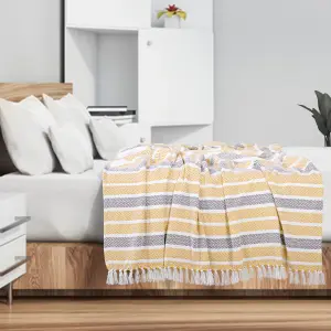 EHC Herringbone Stripe Cotton Throw for Double bed Sofa Couch,150 x 200 cm, Yellow