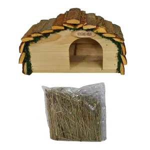 Wooden Hedgehog House Hogitat With Bark Roof & Nesting Straw