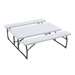 White Foldable Picnic Table Bench Set with Parasol Hole Portable Camping Trestle Table Chairs 6 Seater