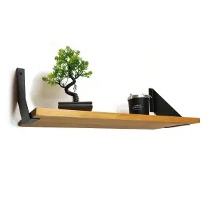 Solid Pine Rustical Shelf Light Oak with Black FLAT Bracket 25x100cm