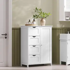 VASAGLE Freestanding Storage Cabinet, Bathroom Organizer with 4 Drawers, 1 Door, Adjustable Shelf, Cloud White