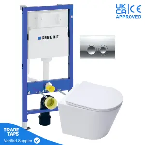 White Wall Hung Toilet Pan with Geberit Concealed Cistern Frame 112cm & Delta25 Gloss Chrome Flush Plate