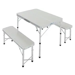 90cm L Aluminum Portable Foldable Outdoor Garden Camping Table and Benches Set, Brushed Silver