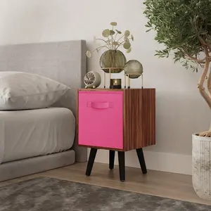 URBNLIVING 50cm Height Dark Pink 1-Drawer Cube Teak Shelving Unit with Scandinavian Black Legs