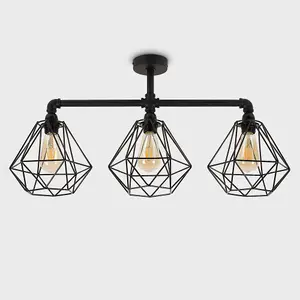 ValueLights Luiggi Satin Black 3 Way Bar Pipework Ceiling Light with Basket Cage Design Black Metal Shades and LED Bulbs