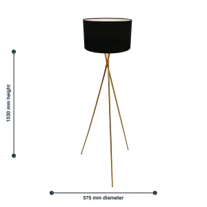 First Choice Lighting Hayley Satin Gold Tripod Floor Lamp with Black Shade