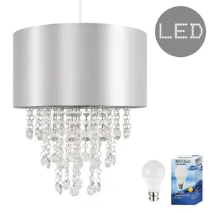 ValueLights Jesmond Grey Ceiling Pendant Shade and B22 GLS LED 6W Warm White 3000K Bulb