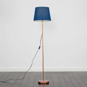 ValueLights Modern Standard Floor Lamp In Copper Metal Finish With Navy Blue Tapered Shade - With LED GLS Bulb in Warm White