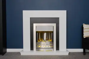 Adam Malmo Fireplace in White & Black/White with Helios Electric Fire in Brushed Steel, 39 Inch