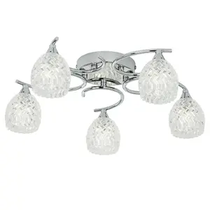 Semi Flush Ceiling Light Chrome Textured Glass 5 Bulb Hanging Pendant Lamp Shade