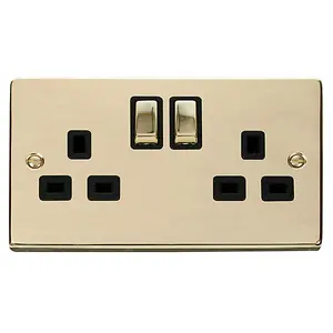 Polished Brass 2 Gang 13A DP Ingot Twin Double Switched Plug Socket - Black Trim - SE Home