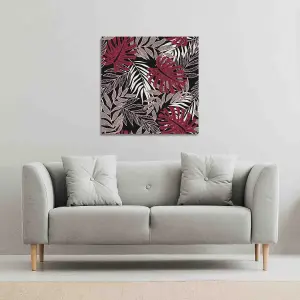 Tropical Leaves in Red, White & Grey (Canvas Print) / 101 x 101 x 4cm