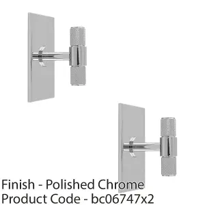 2 PACK - Knurled T Bar Cabinet Door Knob & Matching Backplate - Polished Chrome 76 x 40mm