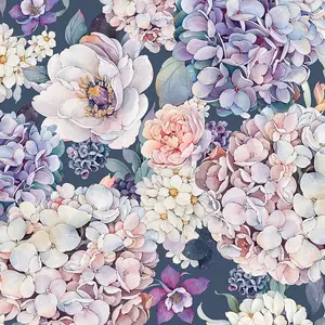 Hydrangea Bouquet Wallpaper in Soft Pastels on Navy