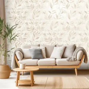 Rasch Fiji Leaves Motif Tropical Leaf Foliage Metallic Natural Beige Wallpaper