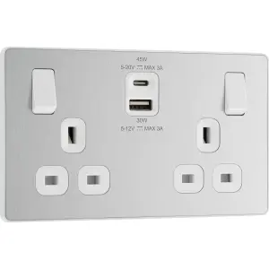 BG Evolve 13A Super Fast Double Socket USB-A& C,45W, Brushed Steel