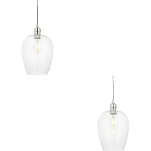 2 PACK Hanging Ceiling Pendant Light - Bright Nickel Plate & Clear Glass - 10W LED E27