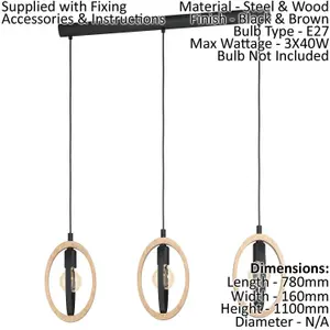 Hanging Ceiling Pendant Light Black & Wood Hoop Shade 3 x 40W E27 Bulb