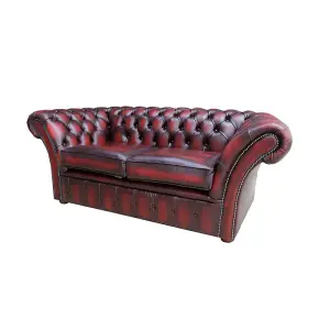 Chesterfield 2 Seater Sofa Settee Antique Oxblood Red Real Leather In Balmoral Style