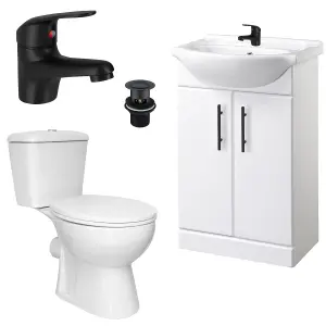 Bubly Bathrooms™ 550mm Vanity Unit and Close Coupled WC Dual Flush Toilet Matt Black Tap & Waste Set