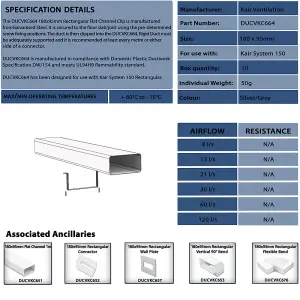 Kair Rectangular Ducting Retaining Clip 180mm x 90mm Support Bracket for Plastic Flat Channel Duct