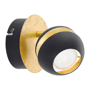 Wall 1 Spot Light Round Black & Gold Shade and Back Plate Bulb GU10 1x3.3W Inc