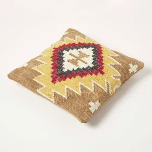 Homescapes Jaipur Handwoven Brown and Orange Kilim Cushion with Feather Filling