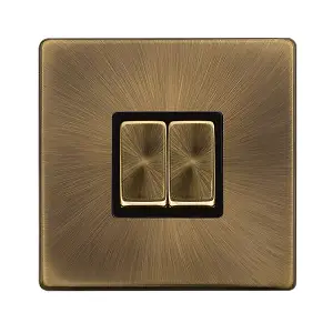 Antique Brass Screwless Plate 10A 2 Gang 2 Way Ingot Light Switch - Black Trim - SE Home