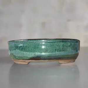 16cm Glazed Bonsai Pot - Oval - 16cm x 12cm x 3cm - Green