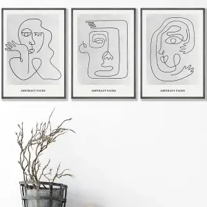 Set of 3 Grey Abstract Line Art Faces Wall Art Prints / 42x59cm (A2) / Dark Grey Frame