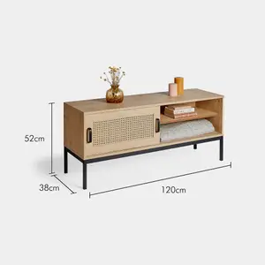 VonHaus Rattan TV Unit - Light Wood Effect TV Cabinet - Entertainment Unit w/Storage Cupboard & 2 Open Shelves for TV's up to 55"