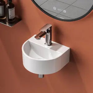 EMKE Ceramic Wash Basin for Small Cloakroom Bathroom, D shape Wash Basin Sink, Wall-Mounted Basin, 30.3x25.5x12cm