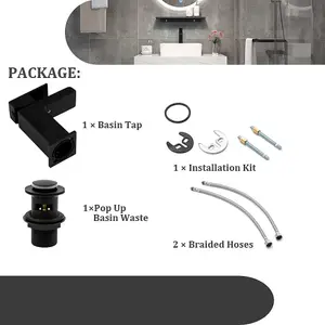 BATHWEST Matte Black Square Basin Taps with Drain Basin Mixer Taps with Pop Up Waste Monobloc Brass Basin Taps with Sink