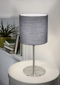 Table Desk Lamp Colour Satin Nickel Steel Shade Grey Fabric Bulb E27 1x60W