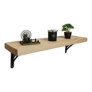 Solid Wood Handmade Rustical Shelf Unprimed 225mm 9 inch with Black Metal Bracket WAT Length of 40cm