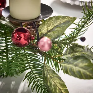 Festive Hedgerow Triple Pillar Centrepiece Christmas Decoration Tealight Holder Candle Holder