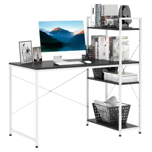 HOMCOM Computer Desk Laptop Table w/4-tier Bookshelf Metal Frame Black, White