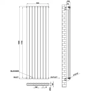 Vertical Black Double Flat Panel Radiator (H) 1800 mm x (W) 544 mm, 7924 BTU.