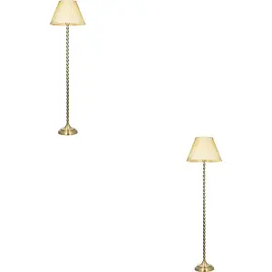 2 PACK 1535mm Floor Lamp - Antique Brass & Ivory Silk Classic Twisted Stem - Standing LED Light Base & Shade