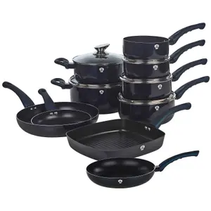 BLAUMANN 15 Pcs Aquamarine Colour Cookware Frying Cooking Grill Pan Pots Saucepan Soft Touch Handle