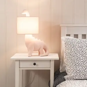 ValueLights Kids Pink Dinosaur Bedside Table Lamp with Drum Fabric Shade - Including Bulb