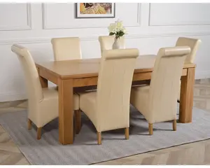 Dakota 182 x 92 cm Chunky Oak Large Dining Table and 6 Chairs Dining Set with Montana Ivory Leather Chairs