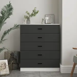 URBNLIVING Height 90.5cm 5 Drawer Wooden Bedroom Chest Cabinet Modern White Carcass and Black Drawers Wide Storage Cupboard Closet