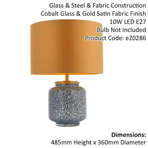 2 PACK Cobalt Glass Base Table Lamp Light & Gold Fabric Shade - Antique Brass