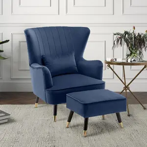 Velvet Blue Camila Accent Wingback Chair with Footstool