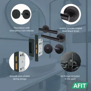 AFIT Matt Black Bathroom Door Handle & Lock Set - Handles, Thumb Turn & Release & Lock - Olvera Range