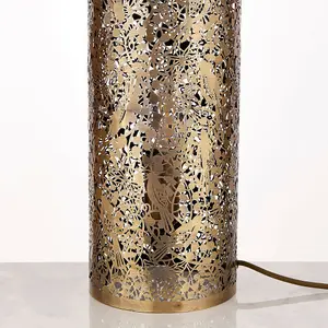 Pattern Table Lamp Light Aged Brass Floral Bird Metal Cylindrical Shade Modern