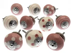 MangoTreeKnobs - Mixed Set of 10 x Dusty Pink and White Spots and Stripes and Crackle Ceramic Cupboard Knobs (MG-730)