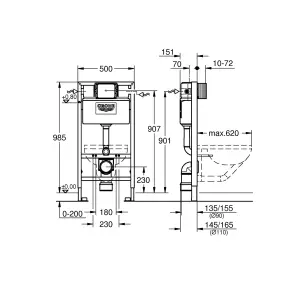 Grohe 0.82m Low Height Concealed Frame Cistern Set & Bubly Bathrooms™ Rimless D Shape Wall Hung Toilet - Hidden Fixation