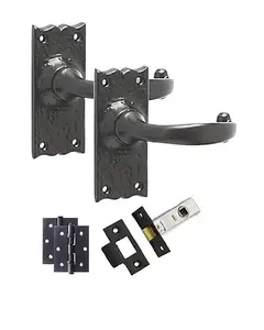 Golden Grace 1 Pair of Black Antique Plain Design Latch Door Handle Internal Set with Ball Bearing Hinges and 64mm Tubular Latch